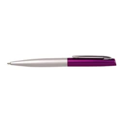 A purple and silver pen featuring a sleek design and a clip on the side. It has a logo on its body.