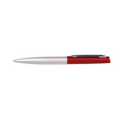 A silver and red pen with a sleek design and a clip for attachment. It features a branding logo on the barrel.