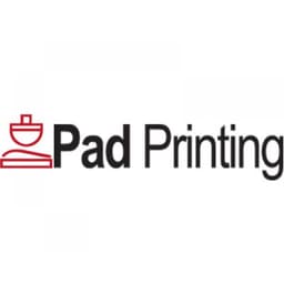 A logo featuring red and black text for "Pad Printing" with a graphic element above the text.