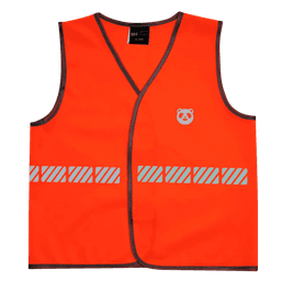 An orange reflective safety vest featuring a logo and horizontal reflective stripes.