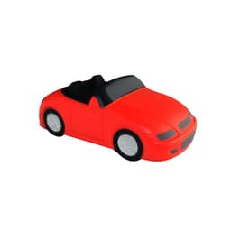 A red stress toy shaped like a sports car with black seating and white wheels. Features a logo on one side.