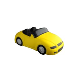 A yellow rubber stress toy shaped like a convertible sports car with black interior details and wheels.