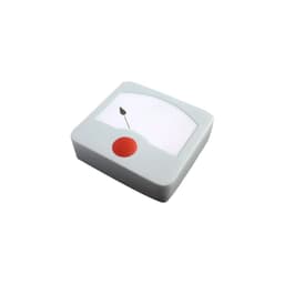 A grey stress scale with a white face and a red button on the front. It has a needle indicator for measuring stress levels.
