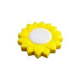 A yellow stress relief flower with a white centre, featuring petal-like designs. It has a smooth surface and a playful shape.