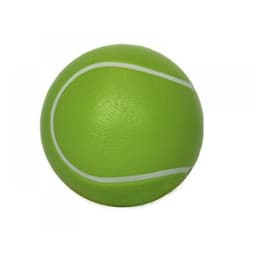 A green stress tennis ball with a textured surface and a white line design. The ball has a branding logo.