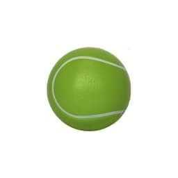 A green stress tennis ball featuring white stitching and a textured surface. It has a logo on one side.