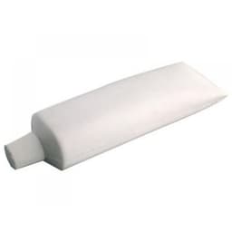 A tube of white toothpaste with a flat design and a small nozzle cap. It includes a logo.