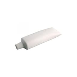 A tube of white toothpaste with a ridged cap, featuring a logo.