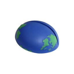A blue and green Earth-shaped paper holder with a slit on the top for holding papers. It features a logo.