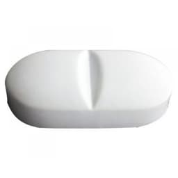 A white oval tablet with a slight indentation in the centre, featuring a smooth surface.