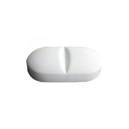 A white oval-shaped pill displayed on a plain background, featuring a slight indentation down the centre.
