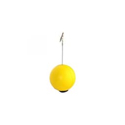A yellow stress ball with a metal clip attached to a stand, designed to hold notes or papers.