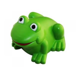 A green stress relief frog with a smiling face and large eyes, featuring a glossy finish.