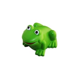 A green stress relief frog with large eyes and a smiling mouth, featuring a shiny, smooth surface.