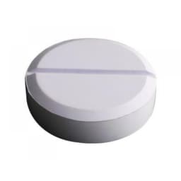 A white, round tablet with a split line across the middle, featuring a smooth surface.