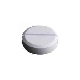 A round, white tablet with a score line across the centre. The tablet has a smooth surface and a slight depth.