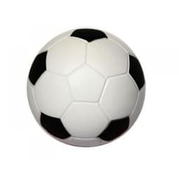 A stress soccer ball designed in classic black and white with a logo.