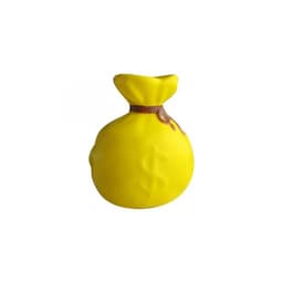 A yellow money bag-shaped promotional product with a tied top and a dollar sign embossed on the side.