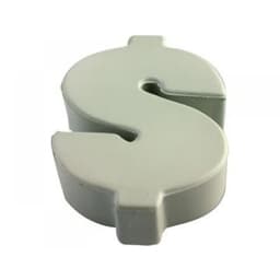 A grey stress toy shaped like a dollar sign, featuring a simple design with a smooth surface and a small hole.