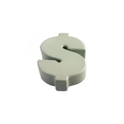 A grey stress toy shaped like a dollar sign. It has a smooth surface and is suitable for squeezing.