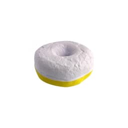 A stress donut in white with a yellow bottom, featuring a classic donut shape. It has a smooth texture and a rounded design.