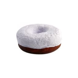A brown and white stress donut with a textured surface, featuring a central hole. It has a simple design and a logo.