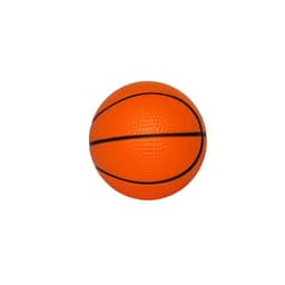 An orange stress ball designed to resemble a basketball, featuring textured surface and black seams.