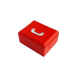 A red stress relief toolbox with a silver handle detail, featuring a small side compartment.
