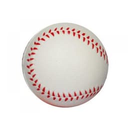 A white stress ball resembling a baseball with red stitching. It features a simple design and a smooth surface.