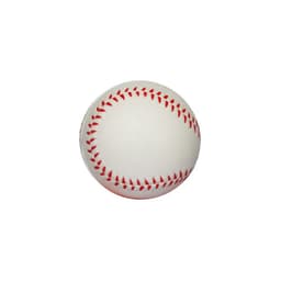 A white stress ball resembling a baseball, featuring red stitching details and a smooth surface.
