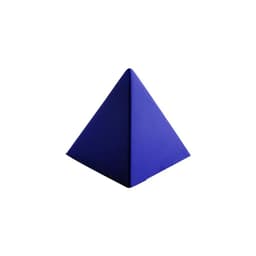 A blue stress pyramid with a smooth surface, featuring a branding logo on one side.