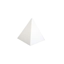 A white stress pyramid with a smooth surface and a triangular shape, featuring a logo on one side.