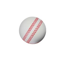 A white stress cricket ball with red seam markings and a branding logo.