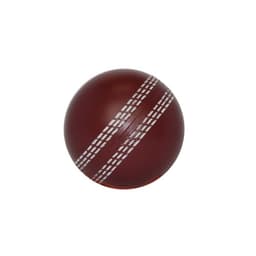 A burgundy stress cricket ball with white stitching details. The ball has a smooth finish and a logo.