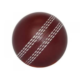 A burgundy stress cricket ball featuring white seam details, designed to resemble a traditional cricket ball.