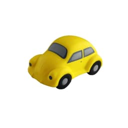A yellow stress beetle car, with black wheels and grey windows, featuring a simple, cartoonish design and a logo.
