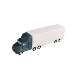 A stress toy shaped like a large truck, featuring a grey cabin and a white trailer. It has a simple design and wheels.