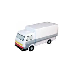 A stress toy in the shape of a white truck with grey and yellow details, featuring a simple, cartoonish design.