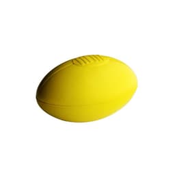 A yellow rubber football featuring a textured surface and a logo on one side.