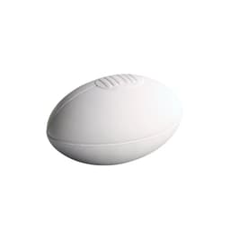 A large white rugby ball with a smooth surface and textured grip on top. Features a logo.