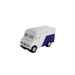 A stress toy shaped like a commercial van, featuring a white body with a blue design and black wheels.