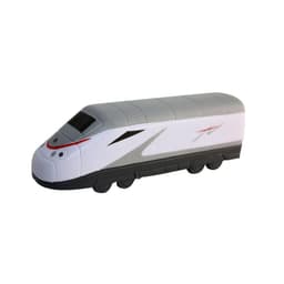 A stress toy designed as a train, featuring grey and white colours with red accents. It has wheels for rolling.