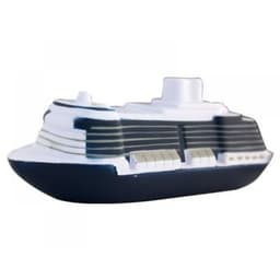 A stress toy shaped like a cruise ship, featuring a white top and dark blue hull with black details.