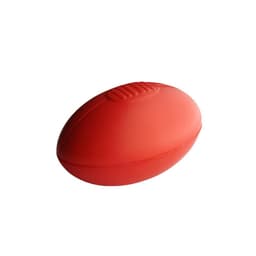A red rugby ball with a textured grip and rounded ends. It features a logo.