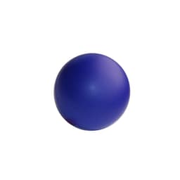 A blue stress ball with a smooth surface and rounded shape, featuring a logo.