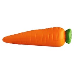 A promotional product shaped like a carrot, featuring bright orange colour with a green top. The item includes a logo.