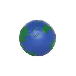 A stress ball designed like a globe, featuring blue and green colours to represent the Earth. It includes a logo.