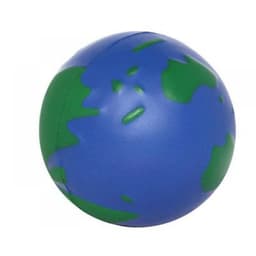 A stress ball designed to resemble the Earth, featuring blue and green colours. It has a smooth finish and a branding logo.