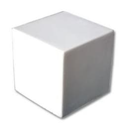 A stress relief cube in solid white with a smooth finish and a simple, geometric shape. Features a logo.