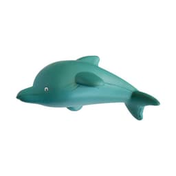 A teal stress relief toy shaped like a dolphin, featuring smooth textures and a simplistic design.